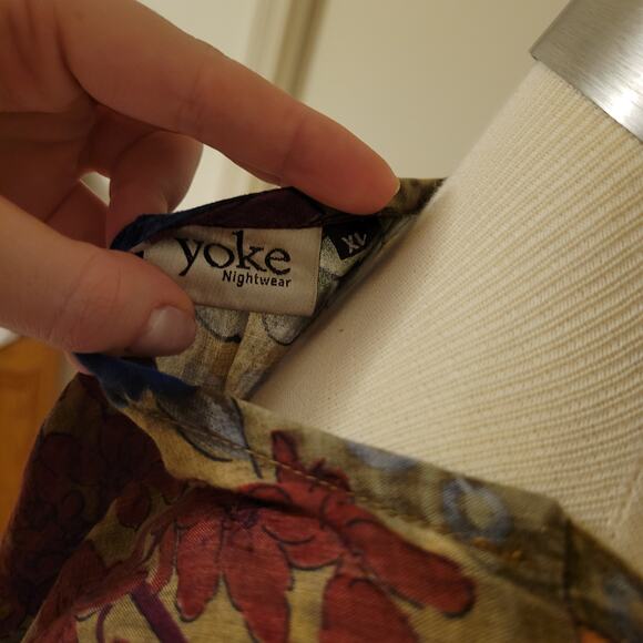 Vintage 80s Floral Cotton Nightgown Flow Dress Yoke Nightwear XL Green Sheer - Picture 2 of 7